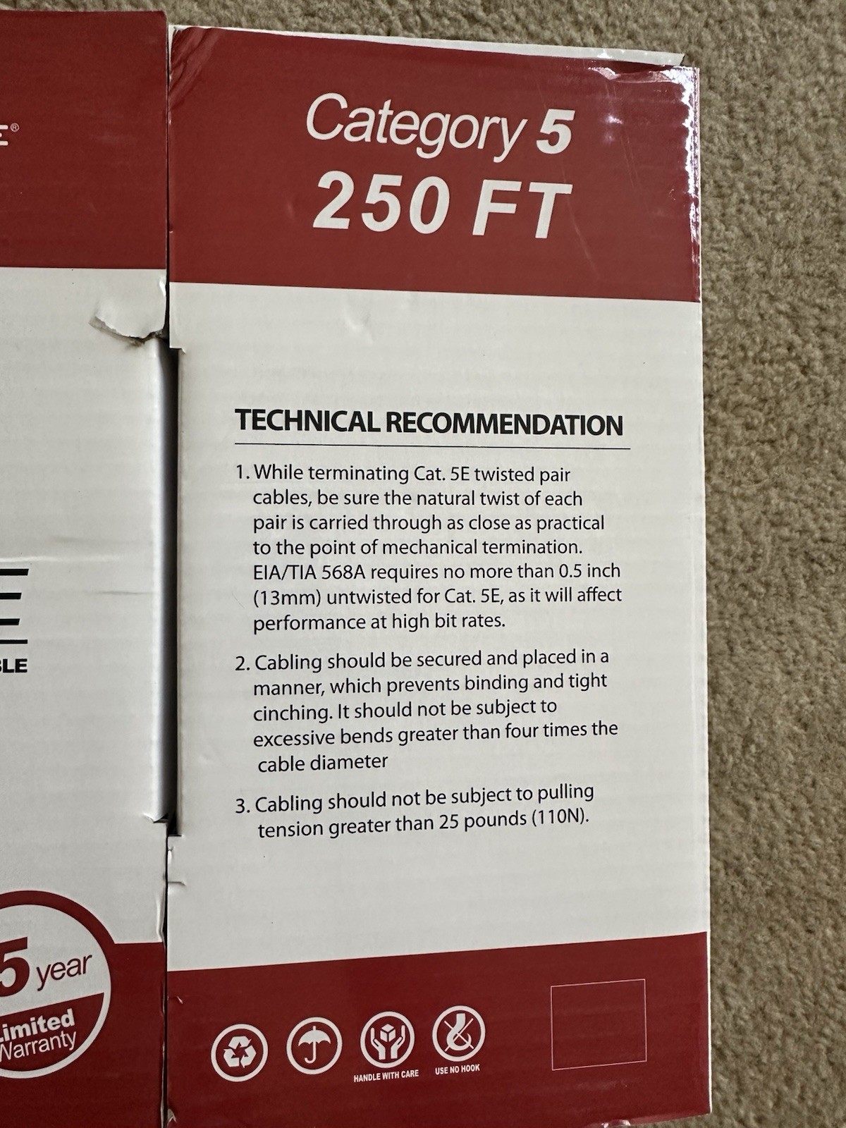 Monoprice Cat5e UTP Solid 24AWG Bulk Ethernet Cable 250ft Gray Raw End 14775