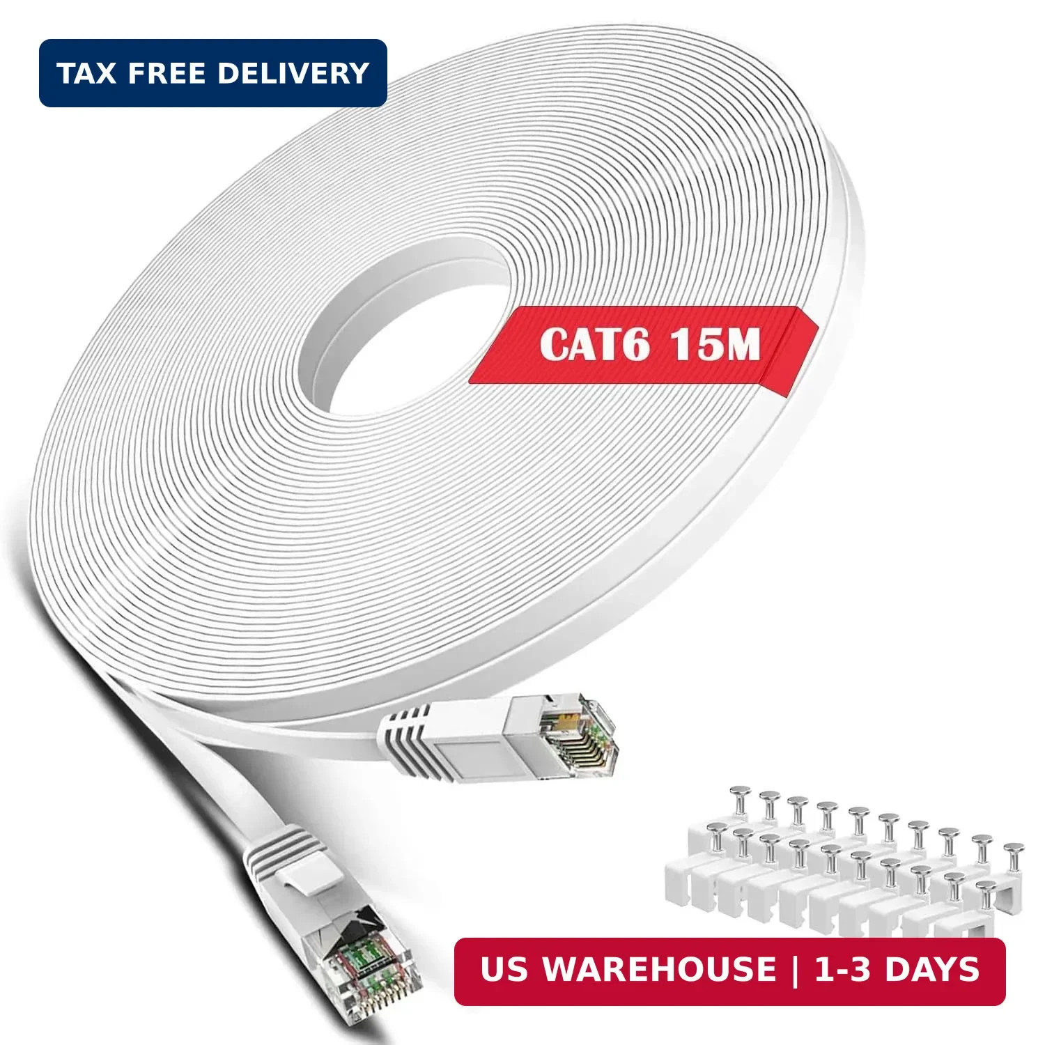 Cat 6 Ethernet Cable 50 ft White – Flat Internet Network LAN Patch Cords – Solid