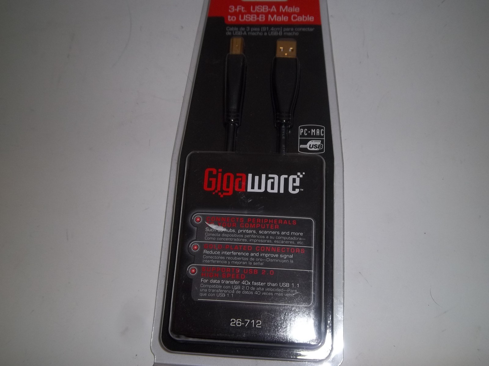 GIGAWARE 26-712 3-FT GOLD PLATED USB-A MALE TO USB-B MALE CABLE , PC-MAC
