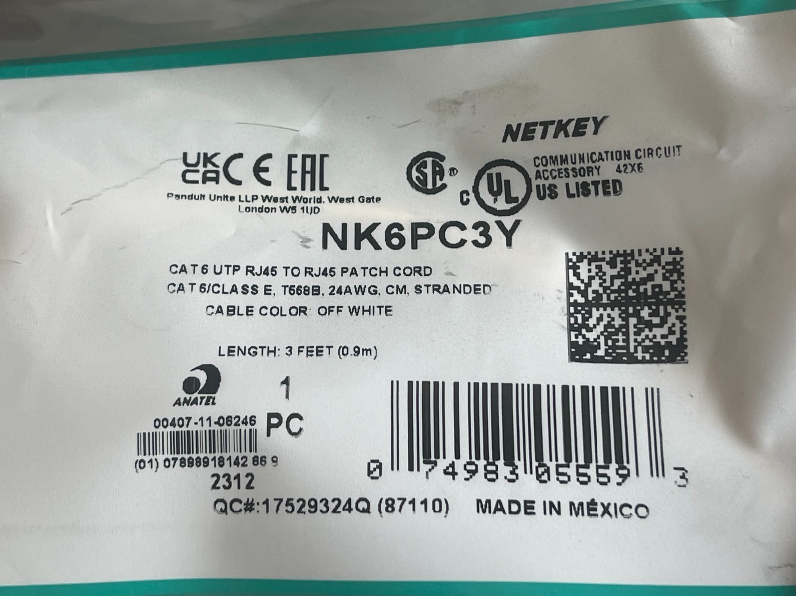 Lot Of 10 Pieces Panduit Netkey NK5EPC3Y Patch Cord Off-White 3 Feet
