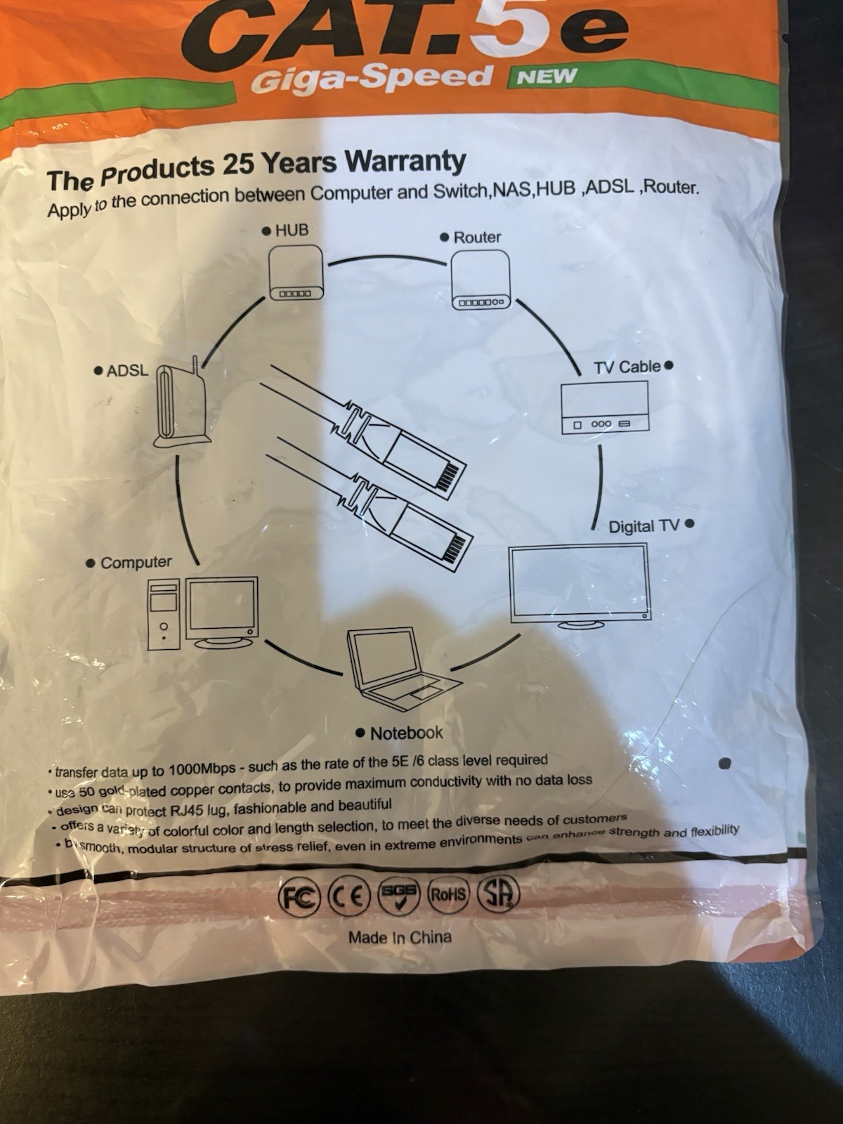 CAT.5.e Patch Cable Giga-Speed New & Sealed EIA/TIA-568A/B, ISO/IEC 11801
