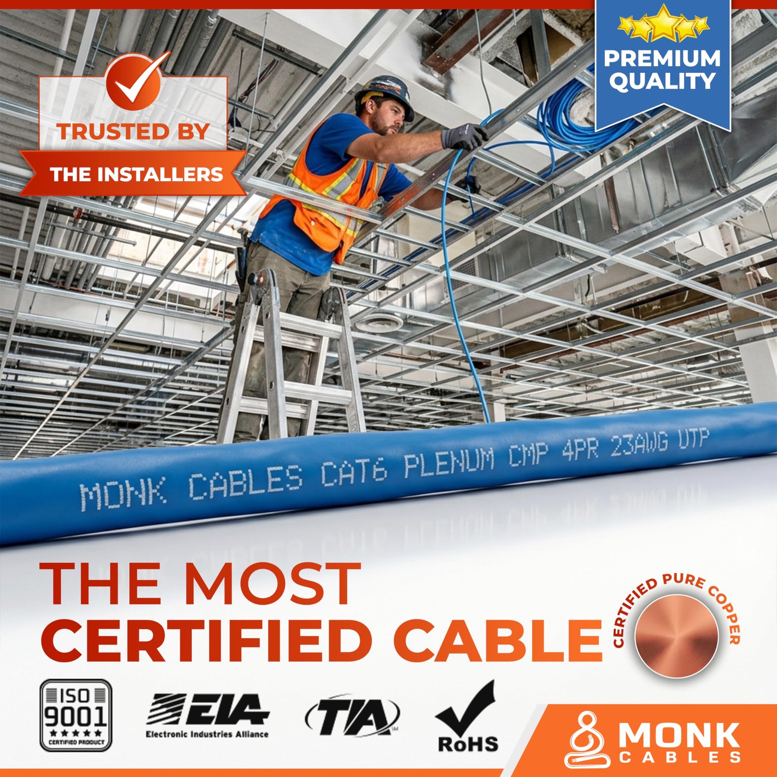 MONK CABLES | CAT 6 Ethernet Cable 1000ft | 100% Pure Bare Solid 1000ft, Blue