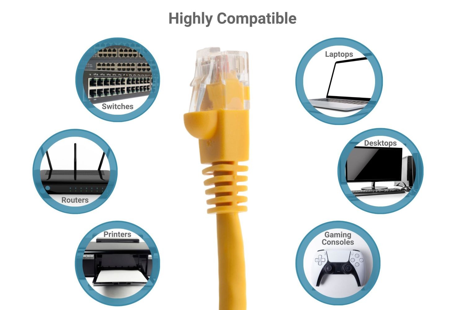 CAT6A Ethernet Patch Cable, Snagless, 2′, Yellow- Lifetime Warranty