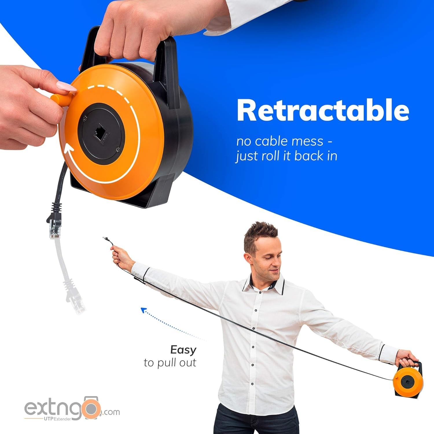 EXTNGO Retractable Network Cable Extender, 50 Ft (15 Meter) CAT 6 Ethernet Cable