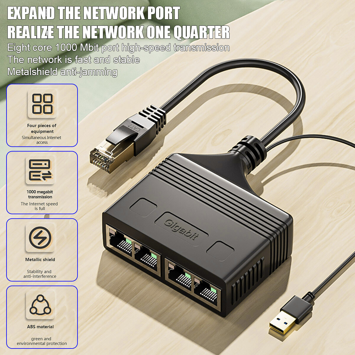 1000Mbps Splitter Ethernet RJ45 Cable Adapter Internets 1 IN 4 Out LAN Network