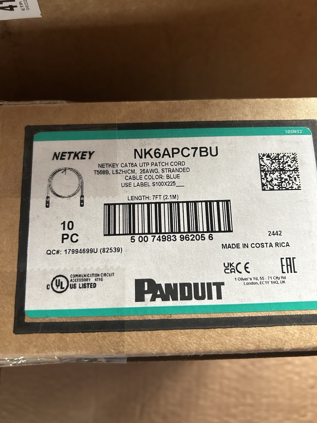 Panduit Netkey NK6APC7BU Cat6A Patch Cables 7’ Blue . Sold as 1 patch cable