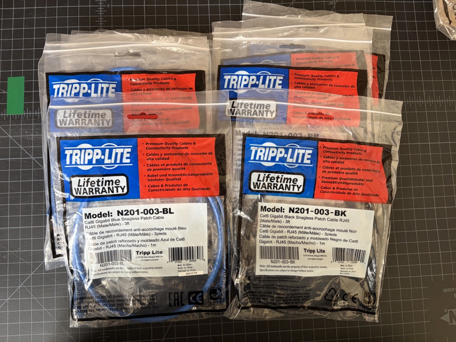 Lot of 10 – Tripp Lite Cat6 3 FT Gigabit RJ45 Snagless Cable Assorted Blue/Black