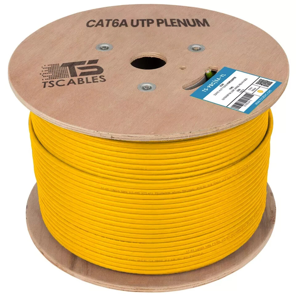 TS Cables Cat6a Plenum Solid Bare Copper 750 Mhz 23 Awg UTP 1000ft Cable yellow