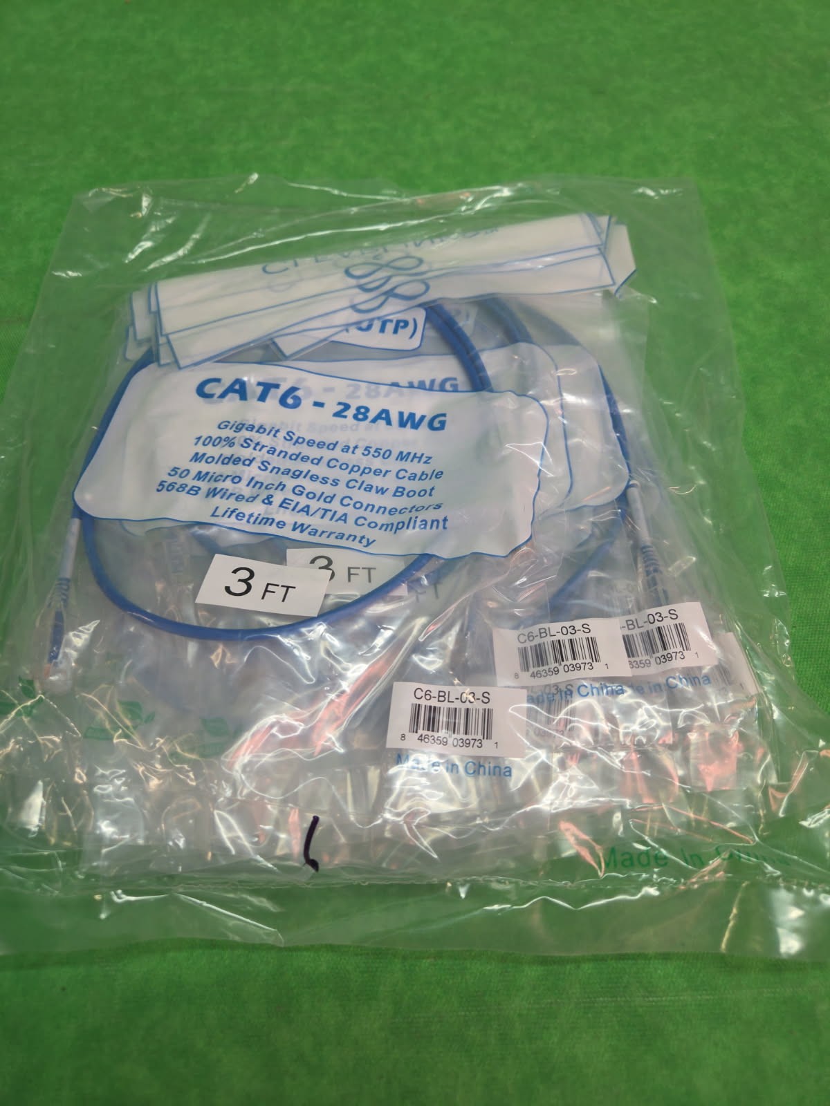 Ultra Slim CAT 6 UTP Blue Patch Cable 28AWG RJ45 Network 3 feet NEW LOT 10 PCS