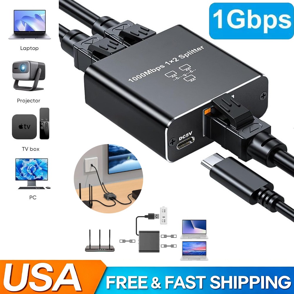 RJ45 Gigabit Ethernet Splitter 1000Mbps LAN Network Internet 1 to 2 Out Adapter