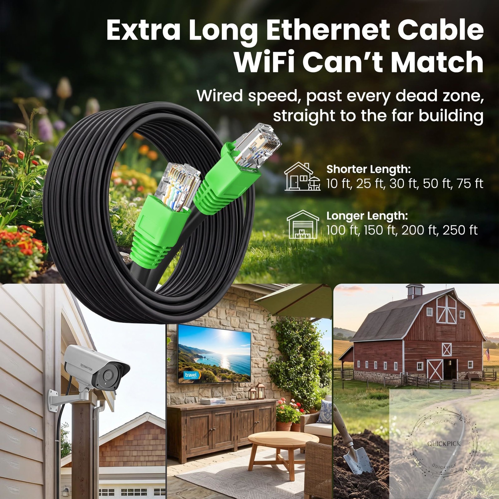 Cat6 Ethernet Cable 200ft, Outdoor Direct Burial Cat 6 Cable 24AWG High Speed Up