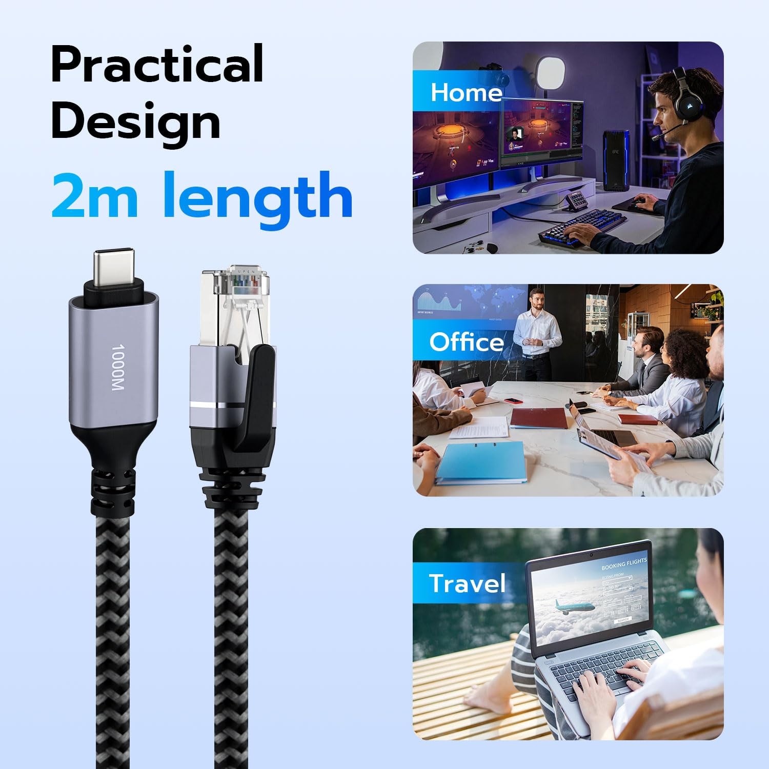 Mcbazel USB C to Ethernet Cable 2M, Type C RJ45 2 meters, Silver