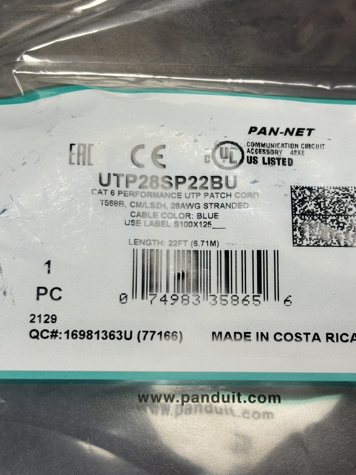UTP28SP22BU (Panduit) 22FT Blue Cat6 28 Awg UTP Cooper Patch Cord
