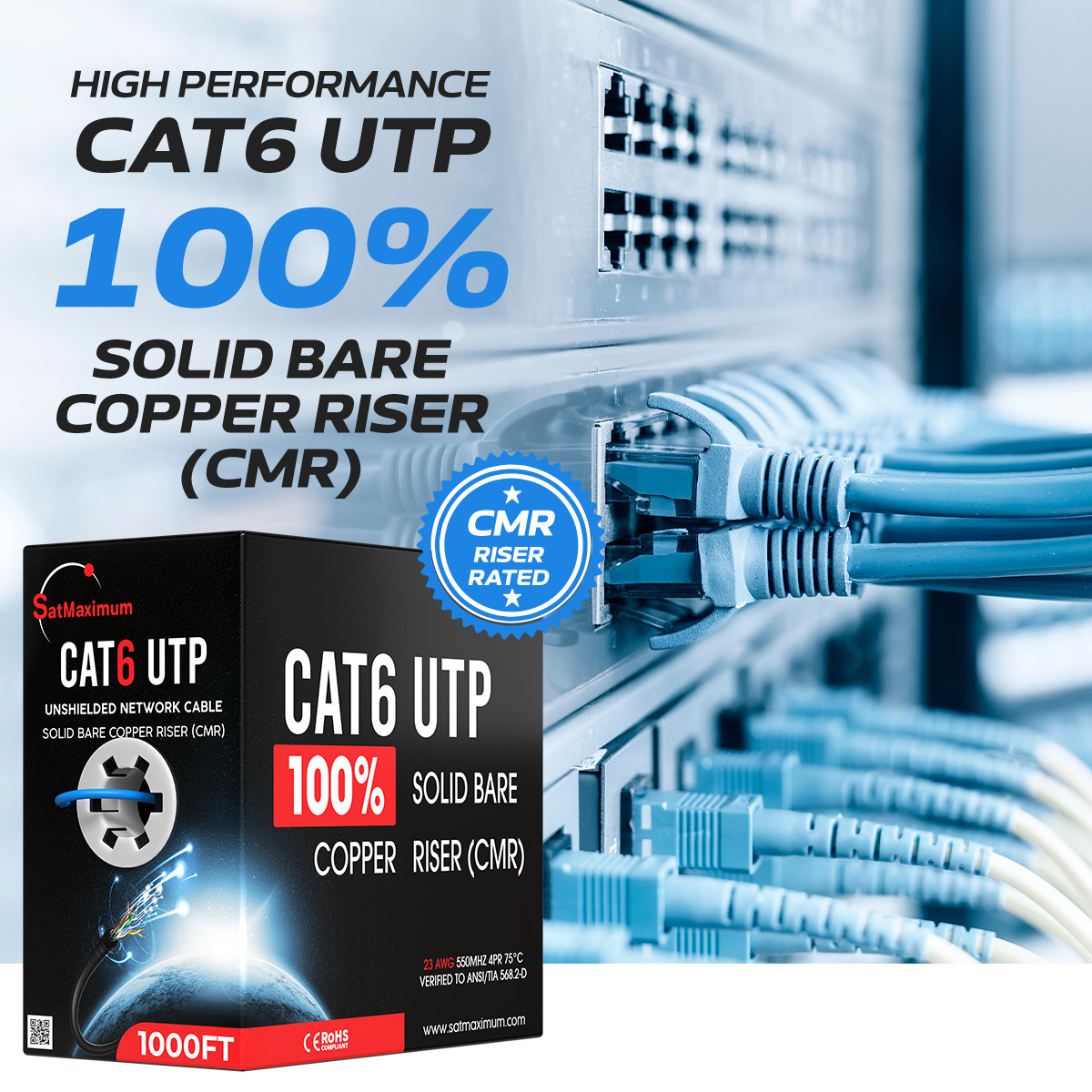 1000FT CAT6 Red ETL CMR Ethernet Cable UTP Solid Bare Copper 23AWG 550Mhz Wire
