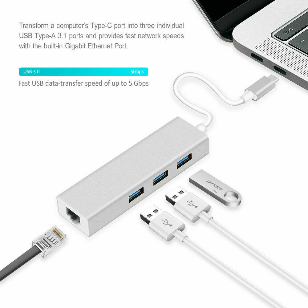 USB-C to RJ45 1000Mbps Gigabit Ethernet Network and OTG Adapter For Macbook Etc.