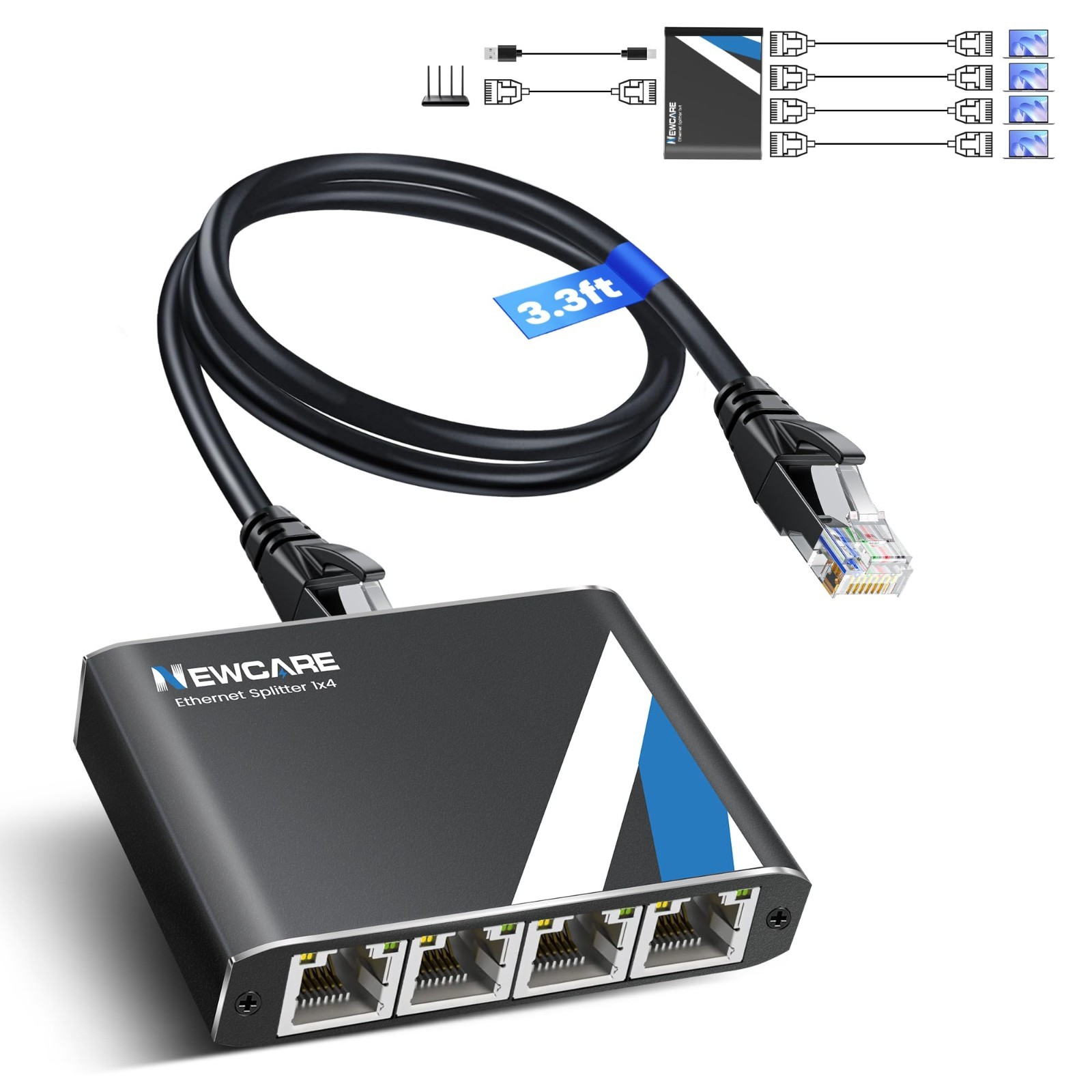 Gigabit Ethernet Splitter 1 to 4 with 3.3ft LAN Cable, 1000Mbps High Speed RJ45