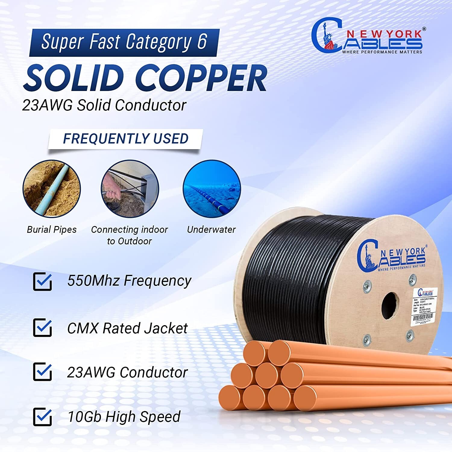 Cat6 Cable 1000ft Outdoor Waterproof Direct Burial Ethernet 23AWG Solid Copper
