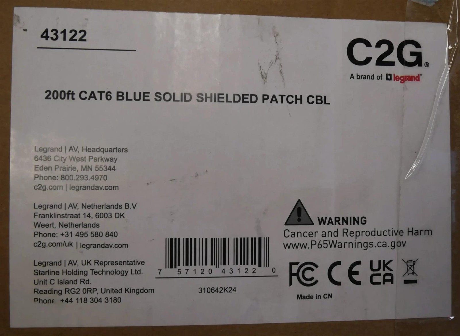 Legrand 200FT Cat6 Blue Solid ShieLded Patch CBL C2G . Free-Shipping