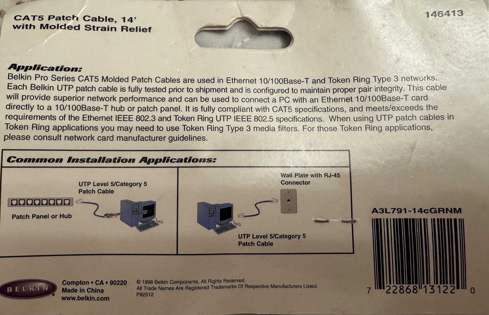 BELKIN 14’ CAT5 Pro Series Patch Cable w/Molded Strain Relief LAN Application