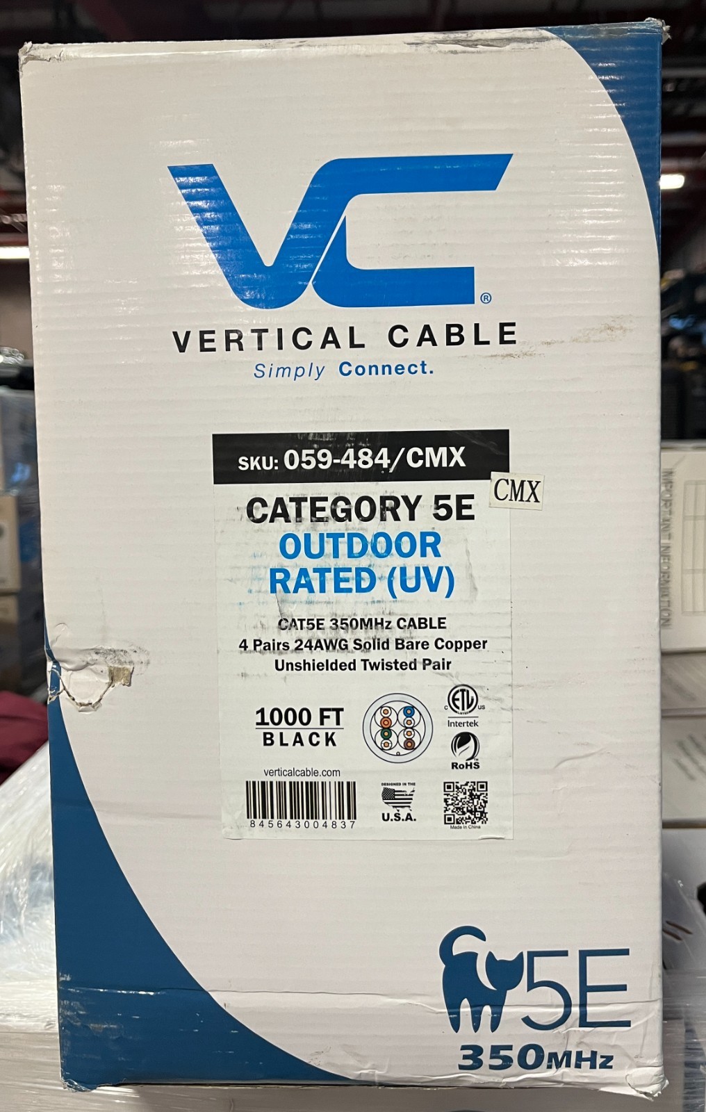 Vertical Cable Cat5e Cable, UV Resistant, UTP, 1000 Feet, Black, 059-484/CMX