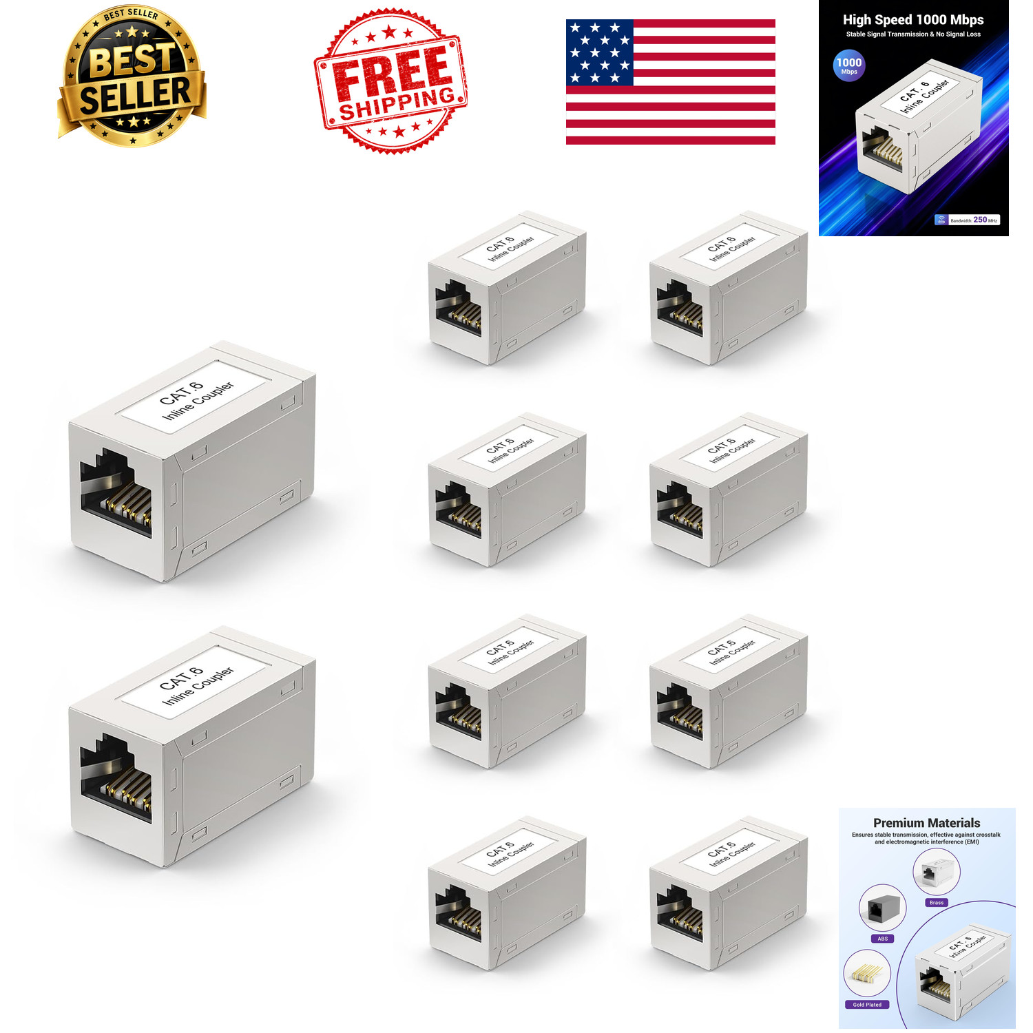 Cat6 Ethernet Coupler Shielded 10 Pack Metal Housing PoE 1Gbps Gold Contacts