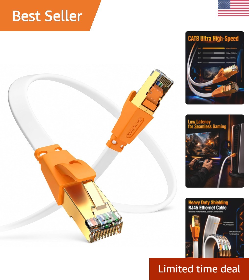 Professional 15 FT Cat 8 Internet Cable, Gold Plated RJ45, Tangle-Free Design