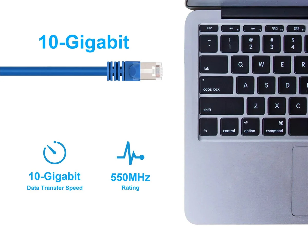 Cat6A Ethernet Patch Cable – Snagless RJ45, 550Mhz, STP, 10G, 26AWG, 1ft, Blue