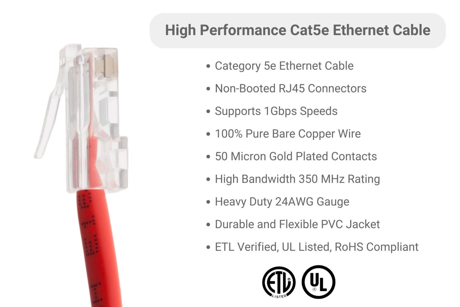 CAT5e Ethernet Patch Cable, Non-Booted, 3 Foot, Red – Lifetime Warranty
