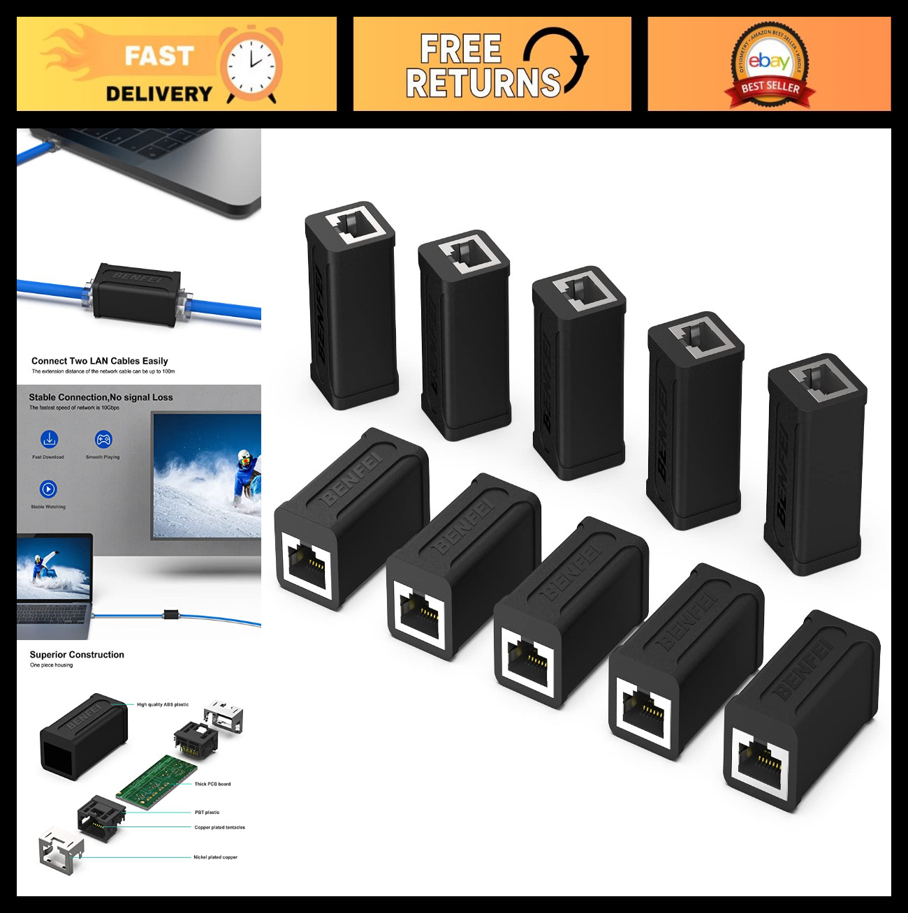 10 Pack RJ45 Inline Coupler, Cat7 Cat6 Cat5e Ethernet Female to Female Connector