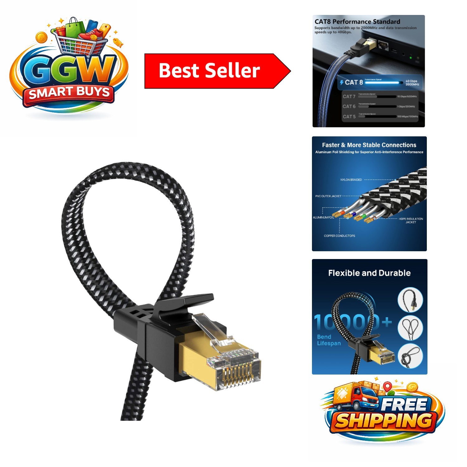 Cat 8 Ethernet Cable, 1.5Ft High Speed Shielded LAN Cord for Gaming & Streaming