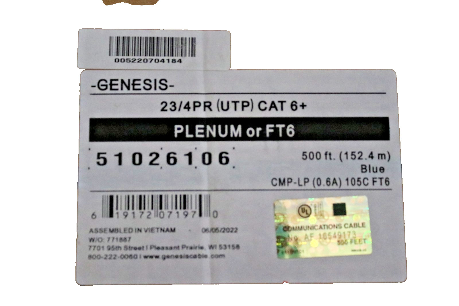CAT6 Plenum Ethernet Cable, UNKNOWN FOOTAGE, 23AWG 550MHz UTP Blue