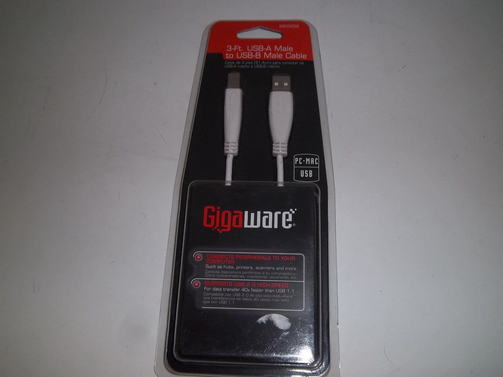 GIGAWARE 260-3258 3-FT USB-A MALE to USB-B MALE WHITE NETWORK CABLE PC-MAC/USB