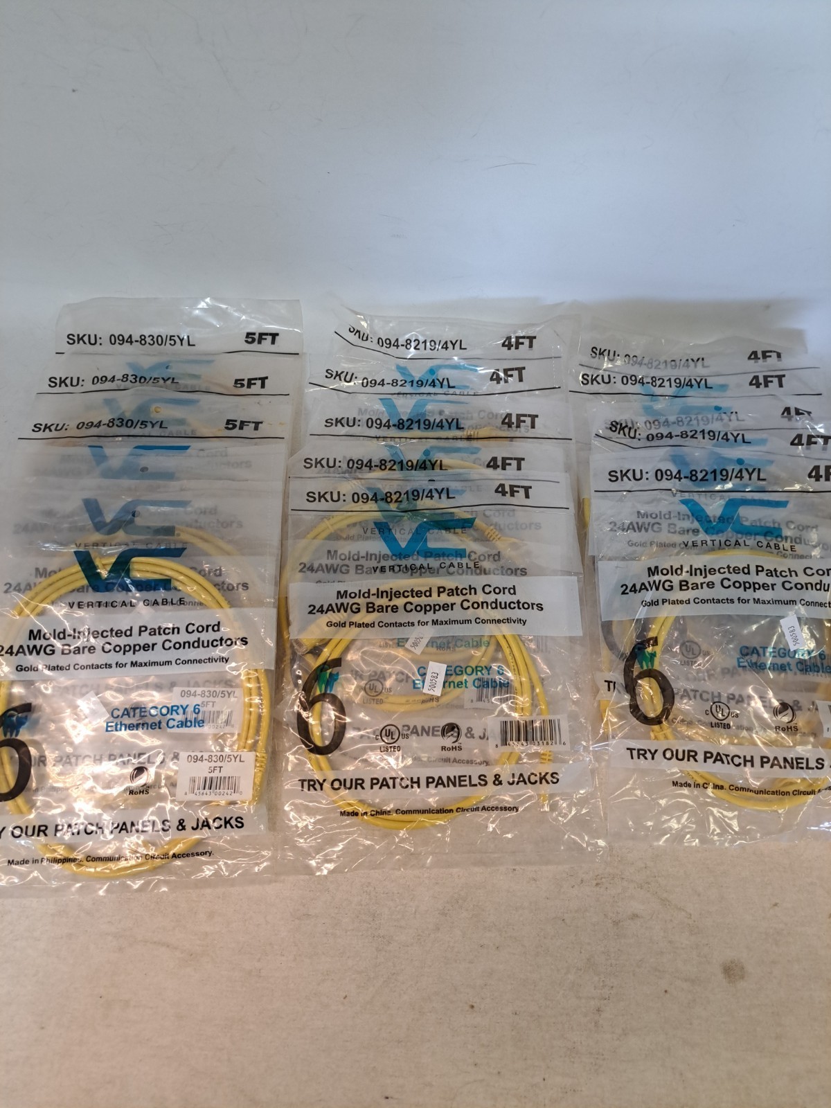 Lot of 15 New Vertical Cable Cat6A Shielded Patch Cables Yellow 10x 4FT 5x 5FT