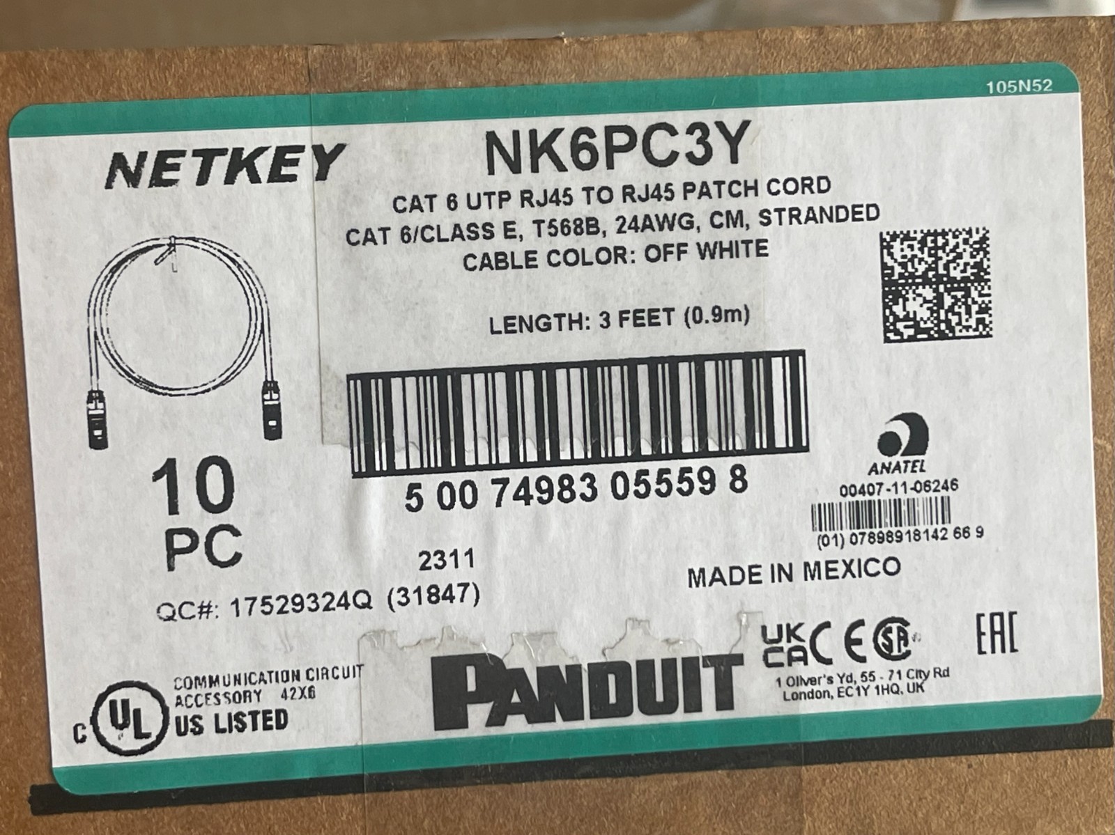Lot Of 10 Pieces Panduit Netkey NK5EPC3Y Patch Cord Off-White 3 Feet
