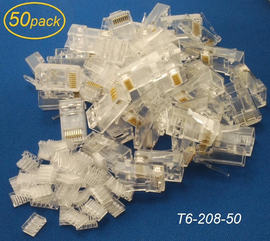 50-Pack Cat6 RJ45 Plugs with Inserts for Solid UTP Ethernet Cable, T6-208-50