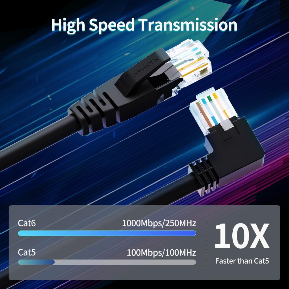 Cat6 Ethernet Cable 10ft Left Angle RJ45 LAN Patch Cord for PCs & Smart TVs