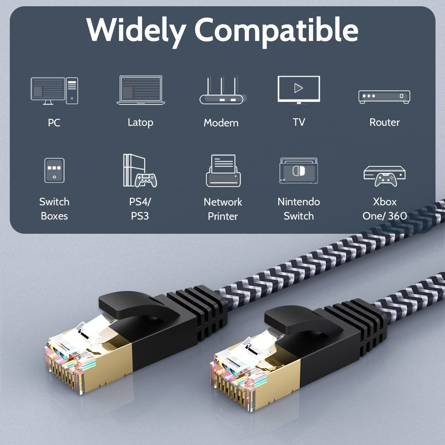 Cat 7 Ethernet Cable 25ft – Nylon Braided Flat High Speed 25FT, Silvery Black