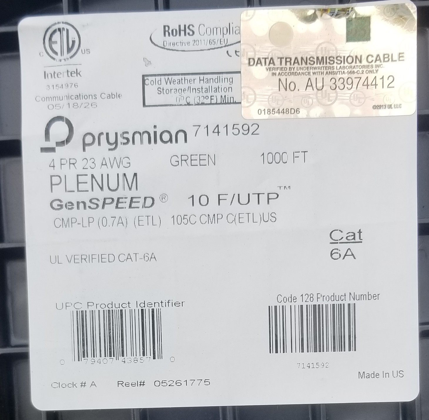 Prysmian GenSPEED® 10 Cat 6A Plenum F/UTP(ScTP),CMP-LP, 1000 Ft Cable NEW(5/26)