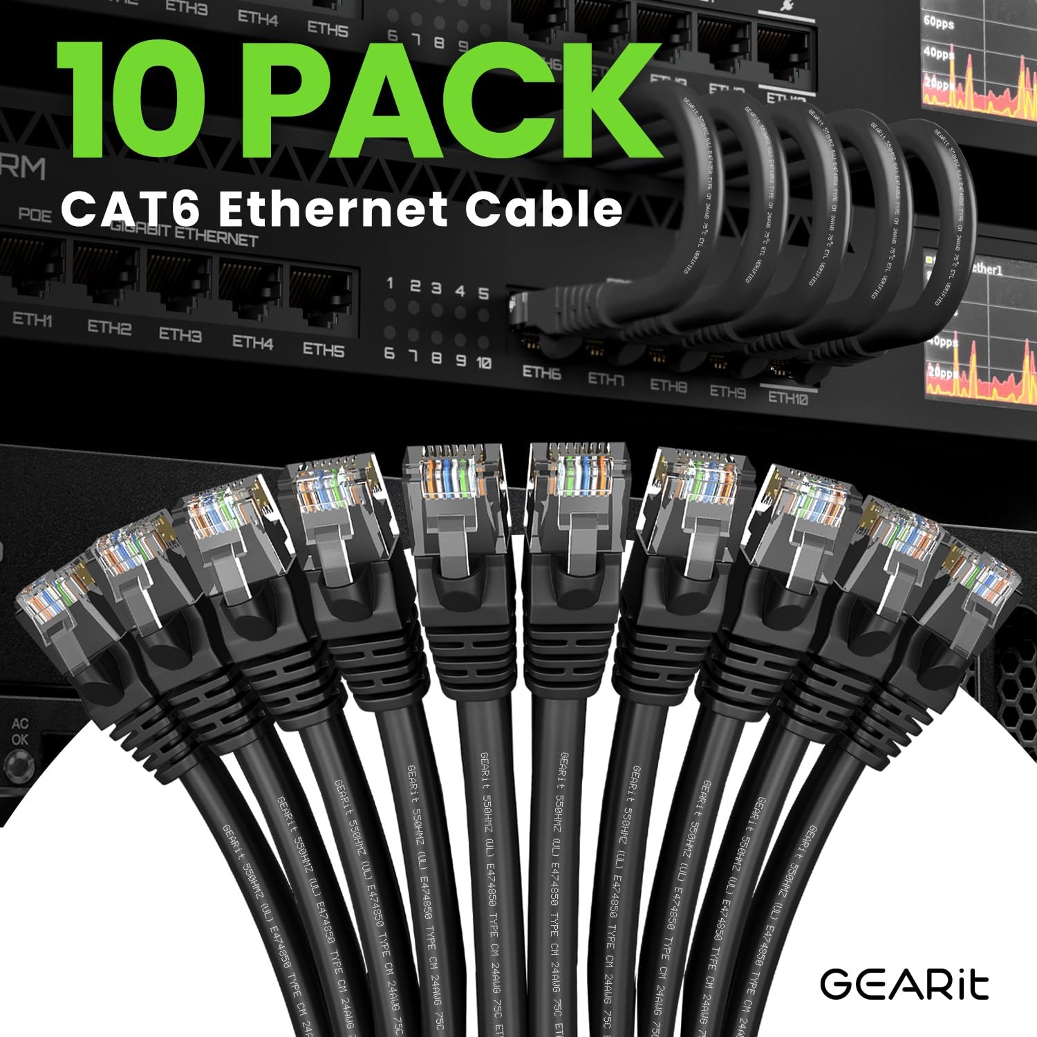 Cat 6 Ethernet Patch Cable 3 ft Black (10 Pack) Cat6 Patch Cables 3ft Black/E…