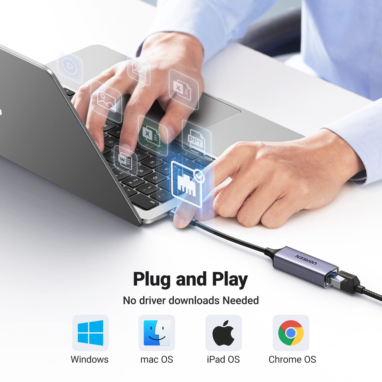 UGREEN USB C to Ethernet Adapter, Plug and Play 1Gbps 0.3FT, Space Grey