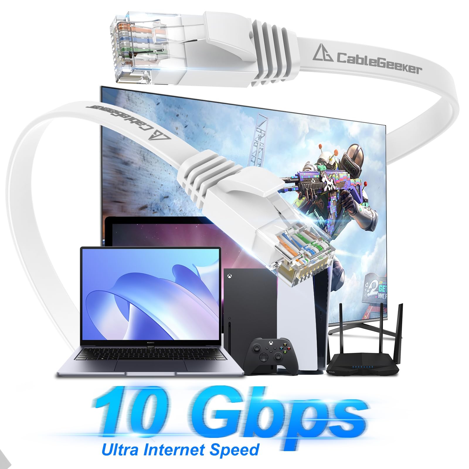 Cat 6 Ethernet Cable 20ft Flat High Speed 10Gbps Pure Copper LAN Cable White