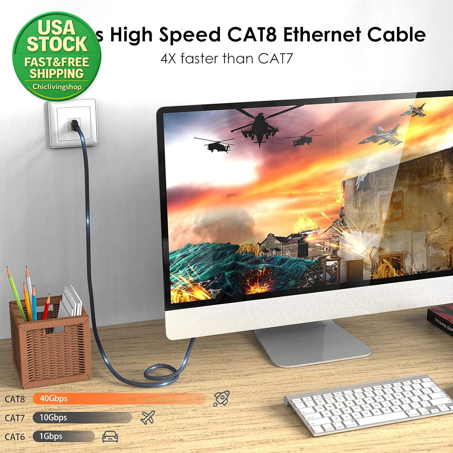 Cat 8 Ethernet Cable 6FT 40Gbps 2000Mhz Heavy Duty Nylon Braided for Xbox PS5