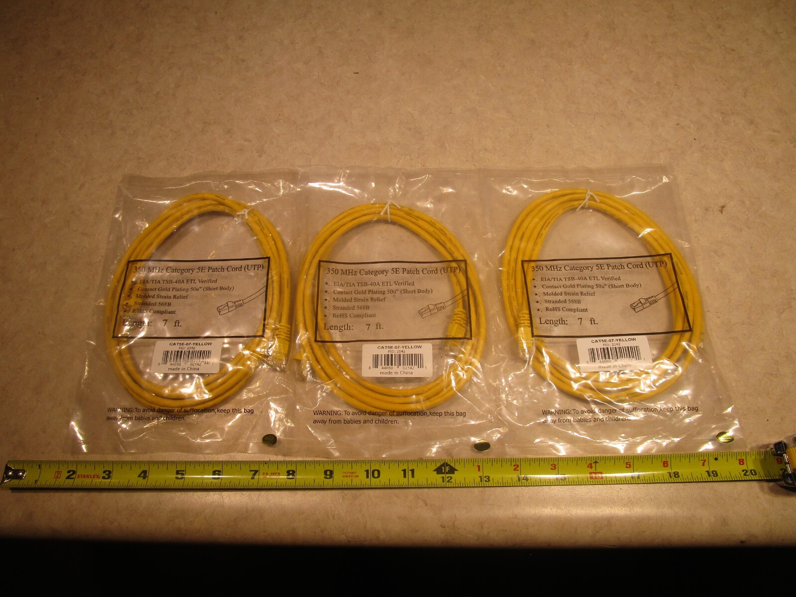 LOT OF 3 CAT5E-07-YELLOW CATEGORY 5E PATCH CORDS, 7FT LENGTH, S0472