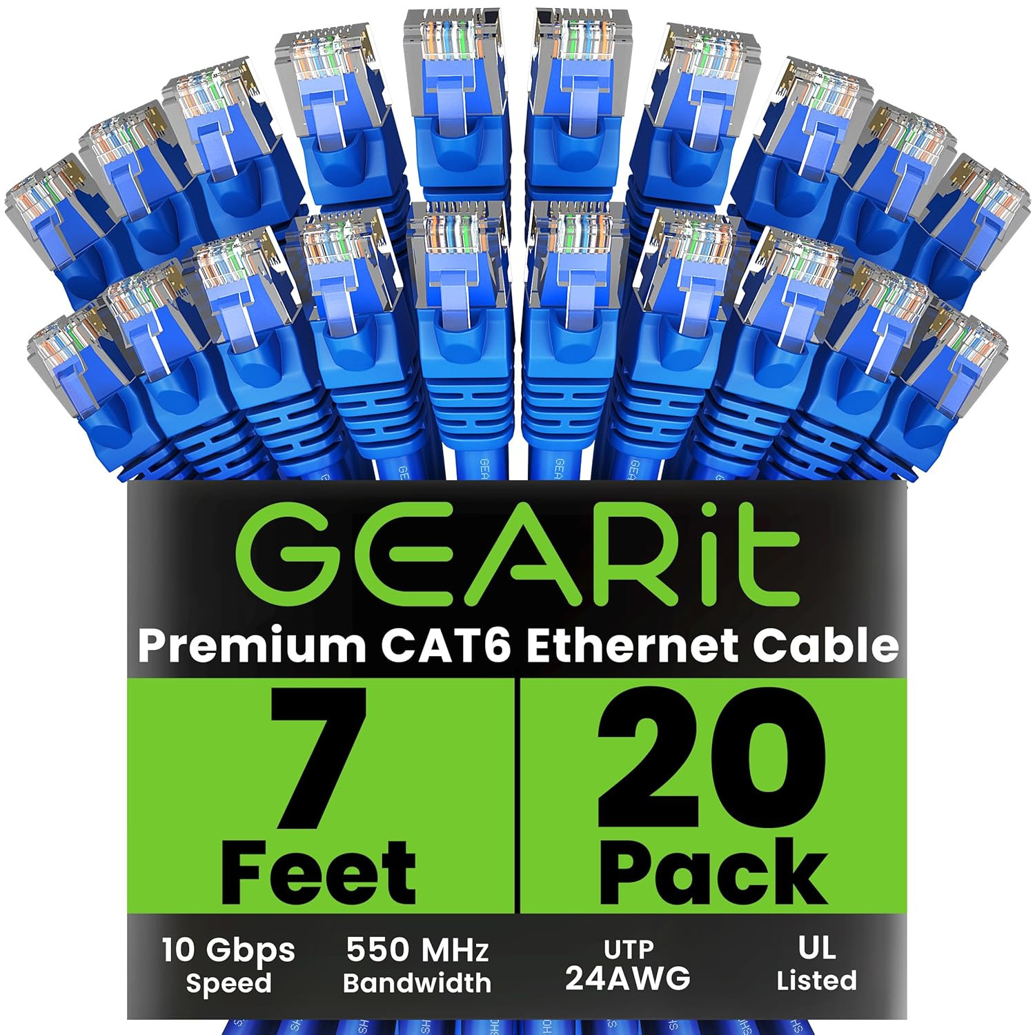 Cat 6 Ethernet Cable (20-Pack 7 Feet) Cat6 Network Patch, 10Gbps, RJ45, Snagless
