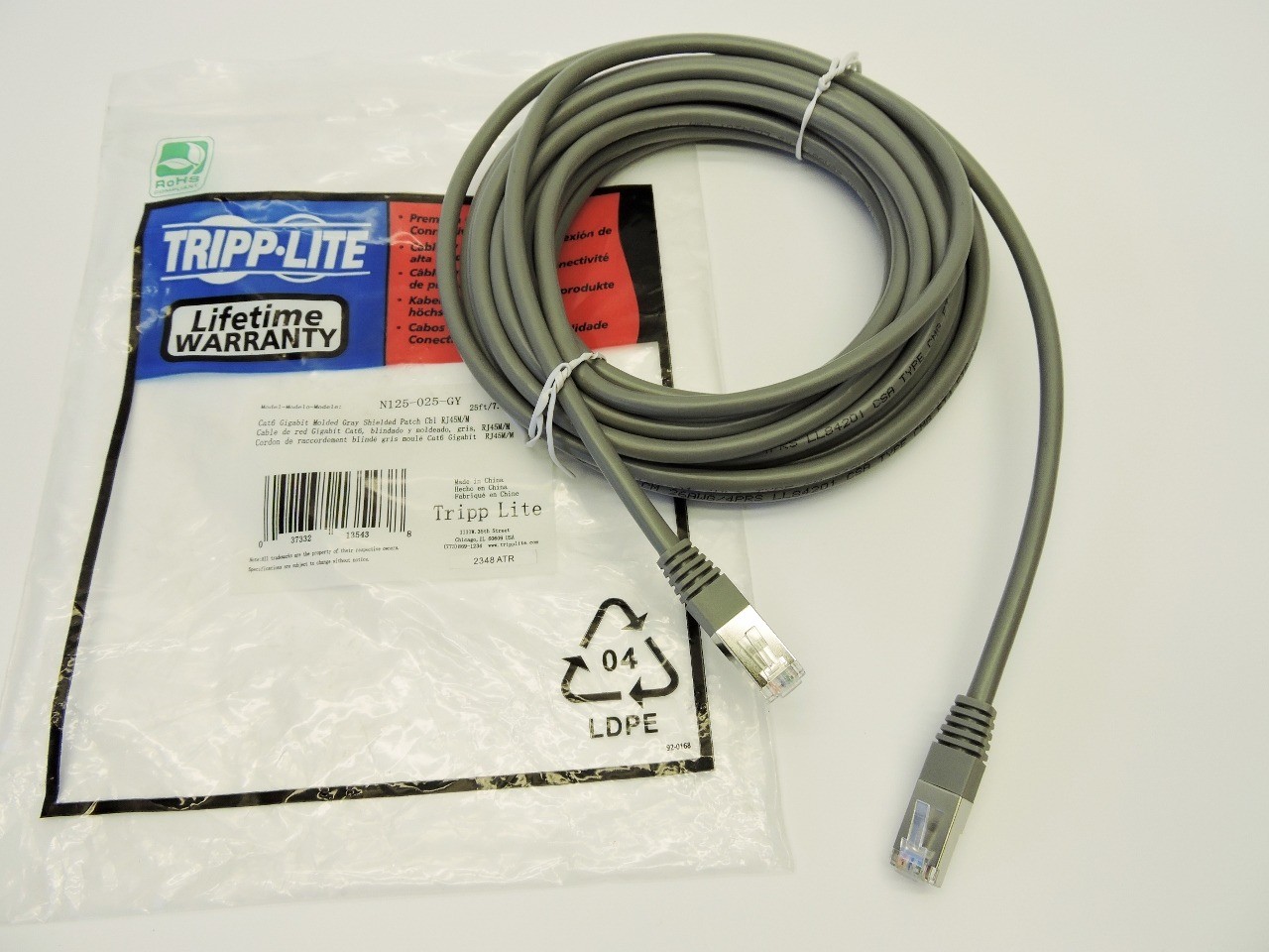 25′ Cat 6 Gigabit Molded Shielded Patch Cable RJ45 M/M Gray 25′ N125-025-GY