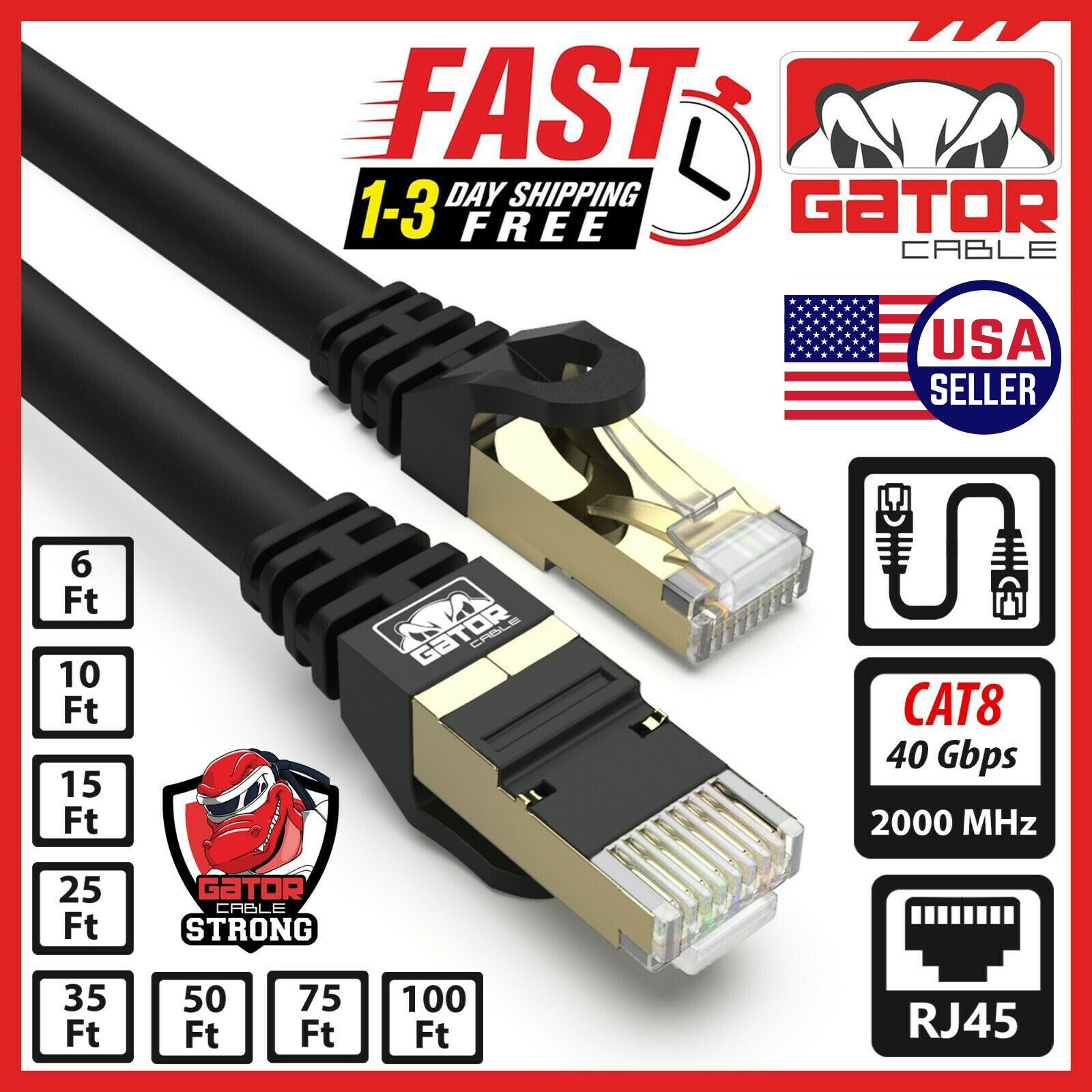 Cat 8 Ethernet Cable RJ45 Super Speed 40Gbps Patch LAN Network Gold Plated Lot