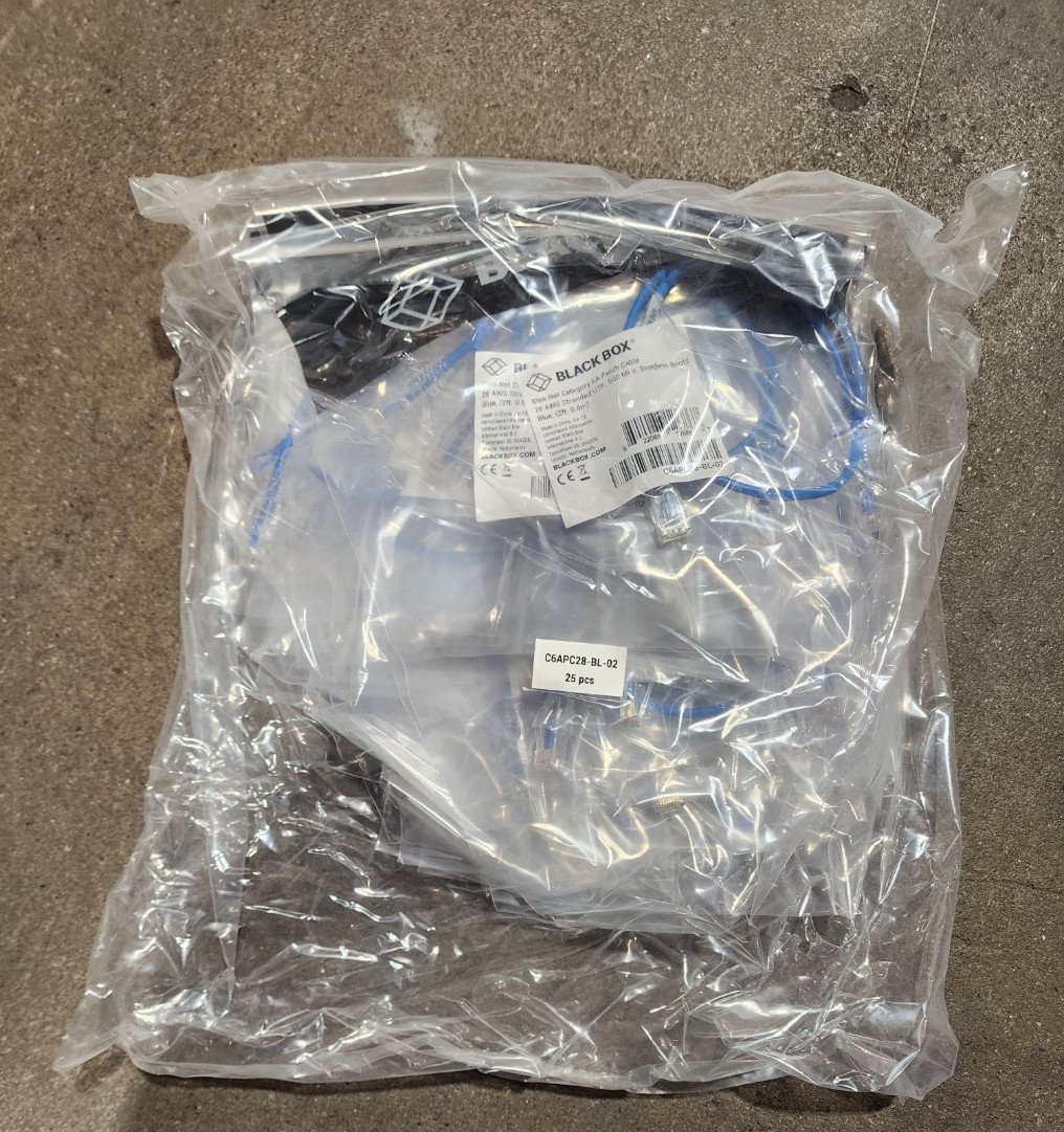 100 Pack 2ft Blue Black Box Slim-Net Cat 6A Patch Cable 28AWG UTP Snagless