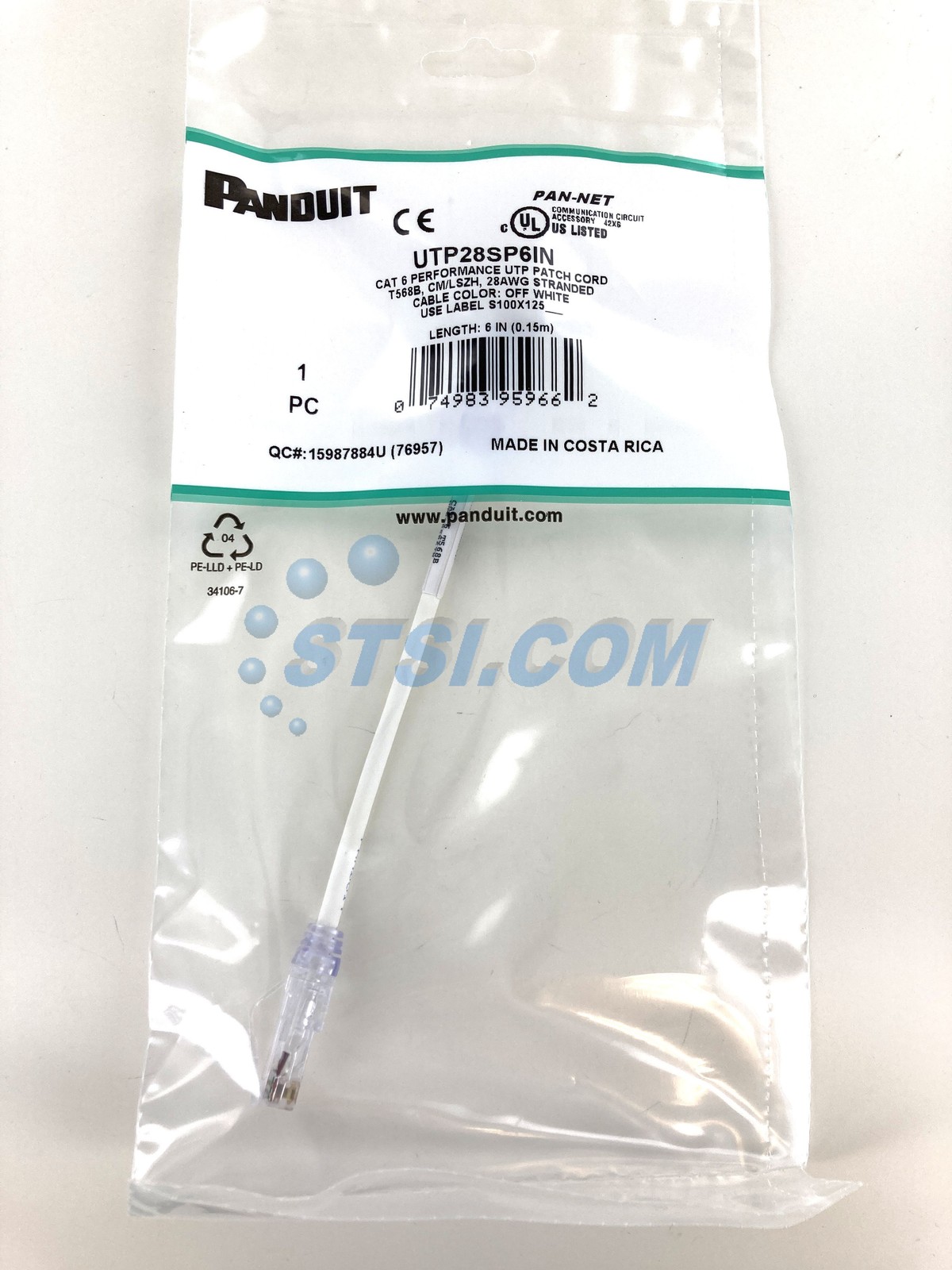 Panduit UTP28SP6IN Cat6 Slim Network Patch Cable/Cord, 6 Inch Off White ~STSI