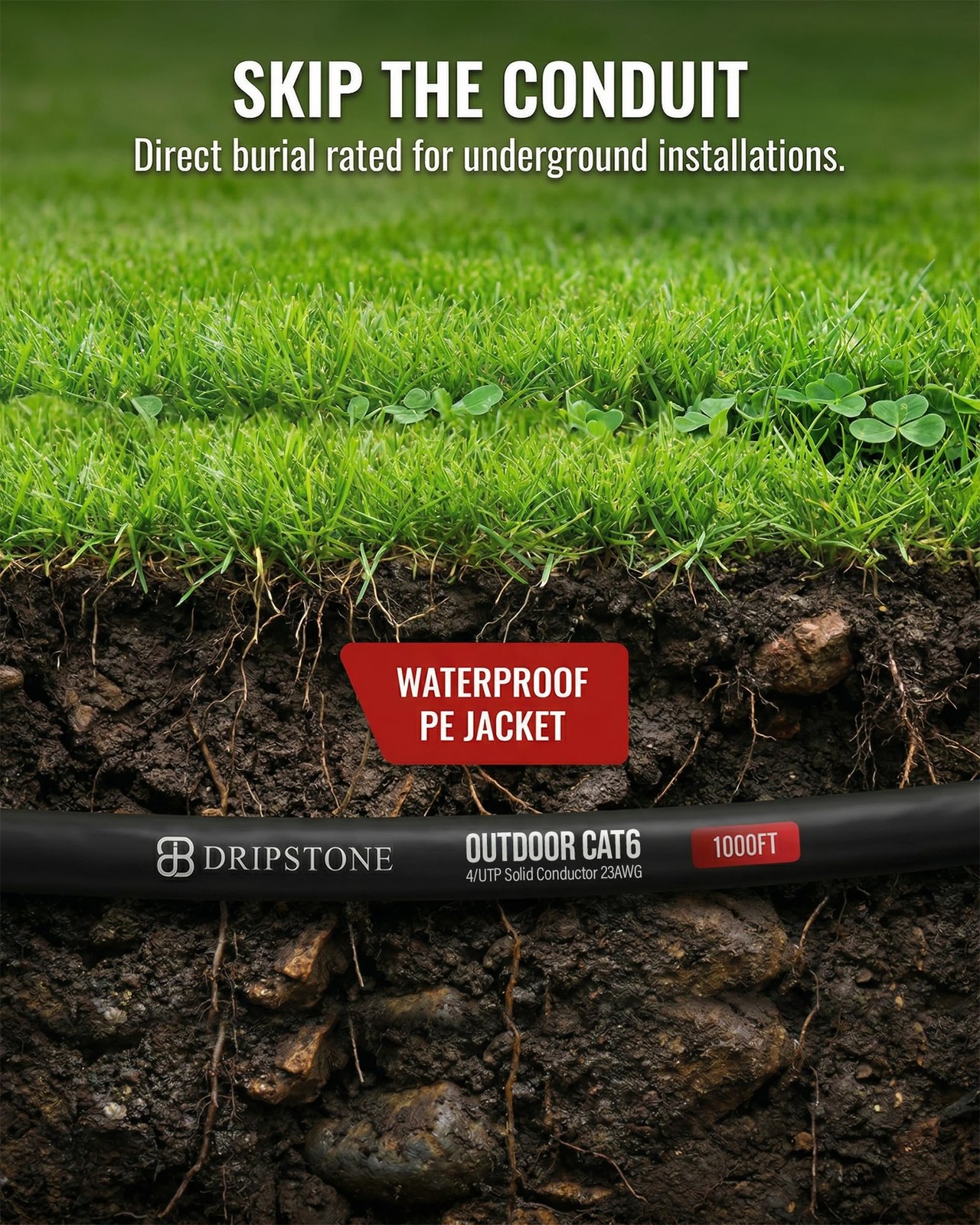 Dripstone CAT6 Direct Burial Ethernet Cable 23AWG Solid CCA 1000ft, Black