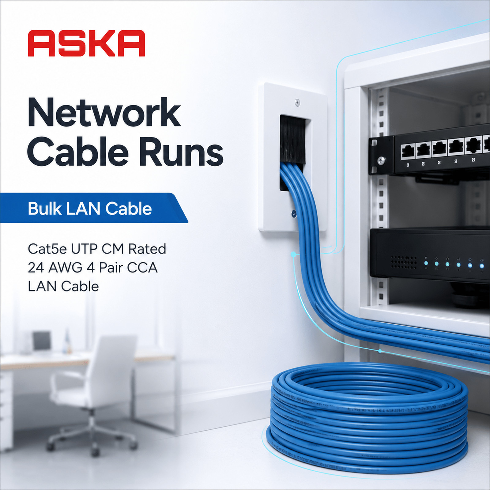 NETWORK LAN CABLE UTP CAT5E CCA 250FT,500FT,1000FT WHITE BLUE GREY CM RATED PVC